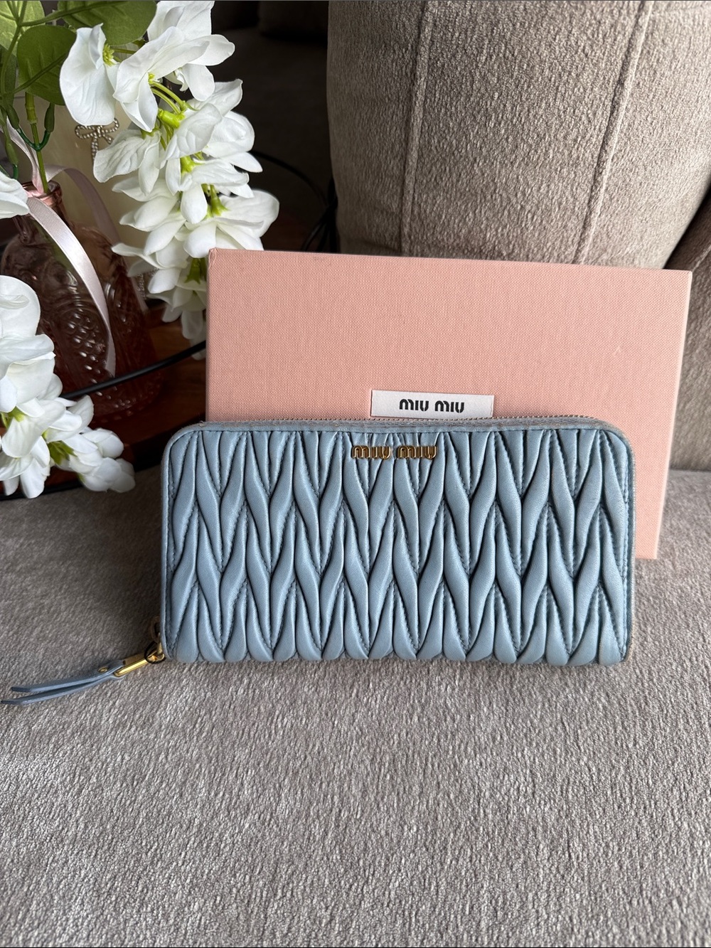 Miu Miu Ruched Matelassé Zip Wallet in Light Blue with Gold Hardware